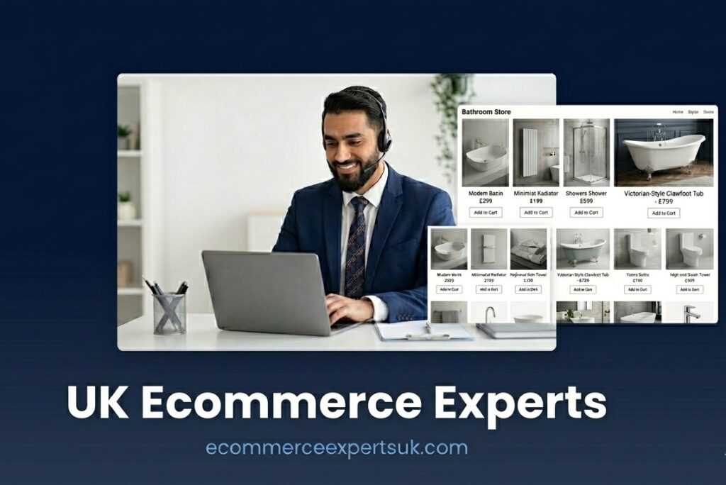 UK ecommerce business owner working on bathroom online store laptop