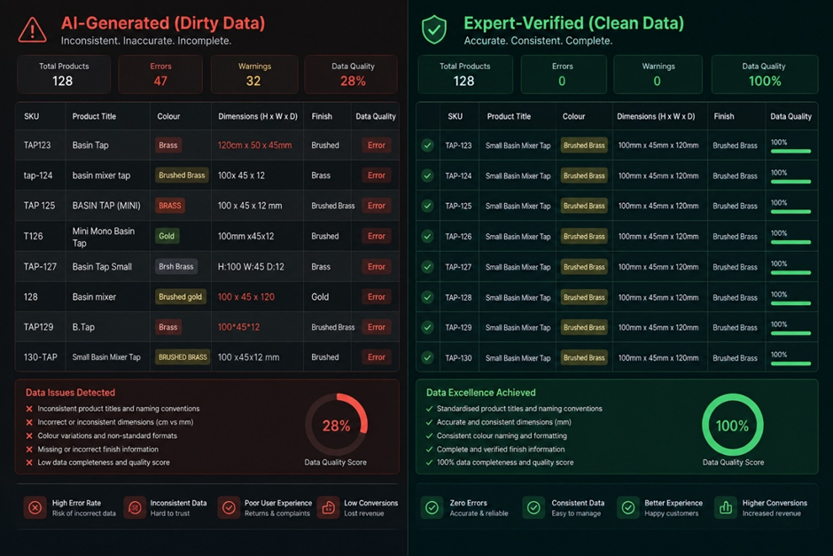 Ecommerce product data audit UK: AI-generated dirty data vs. expert-verified clean data.