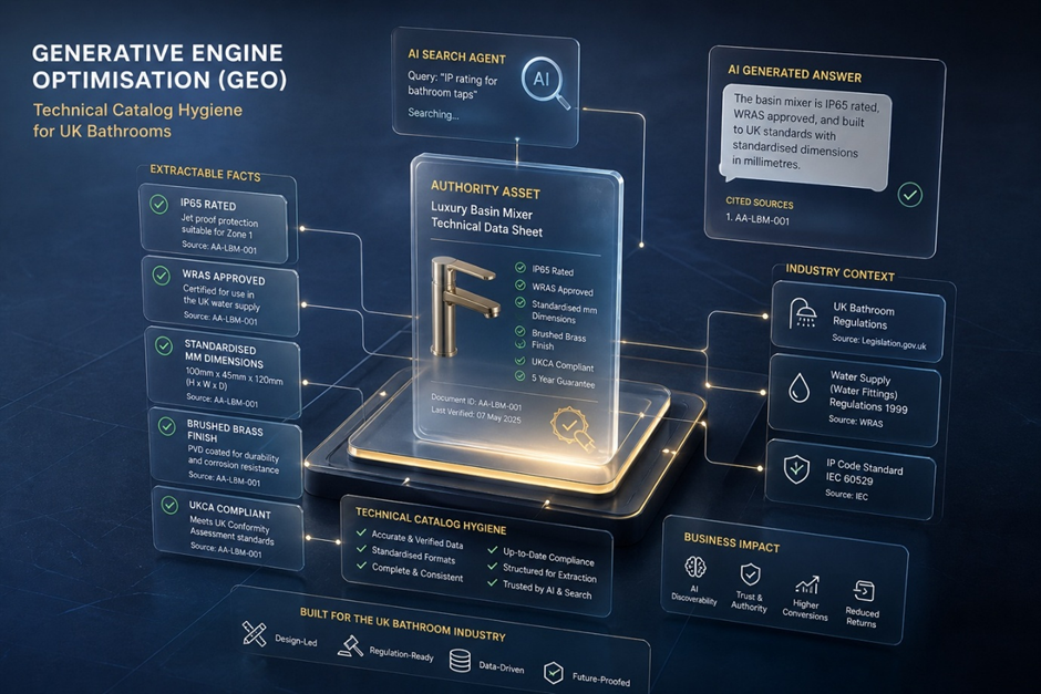 Generative Engine Optimisation (GEO) UK: technical product data optimization for bathrooms.