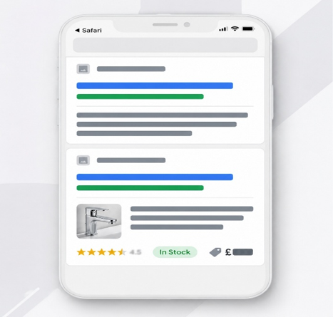 Comparison of a plain search result versus a rich result with star rating, stock status and price for a bathroom tap listing.