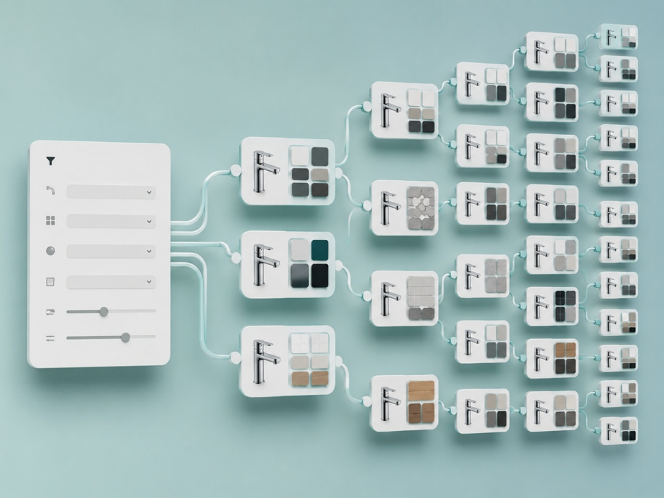 Diagram showing how bathroom product filters multiply into thousands of near-duplicate page combinations.