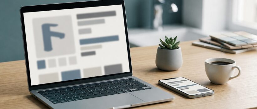Laptop and phone showing a bathroom ecommerce product page, with a chrome tap and tile samples in the background.