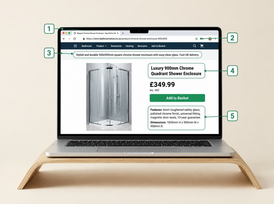 Diagram of a product page highlighting five key optimisation areas: browser tab, URL, meta description, title and description