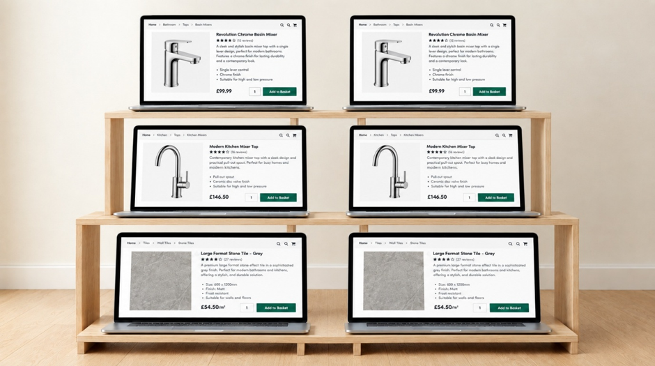 Illustration of matched laptop screen pairs showing identical bathroom, kitchen and tile product listings across retailer websites